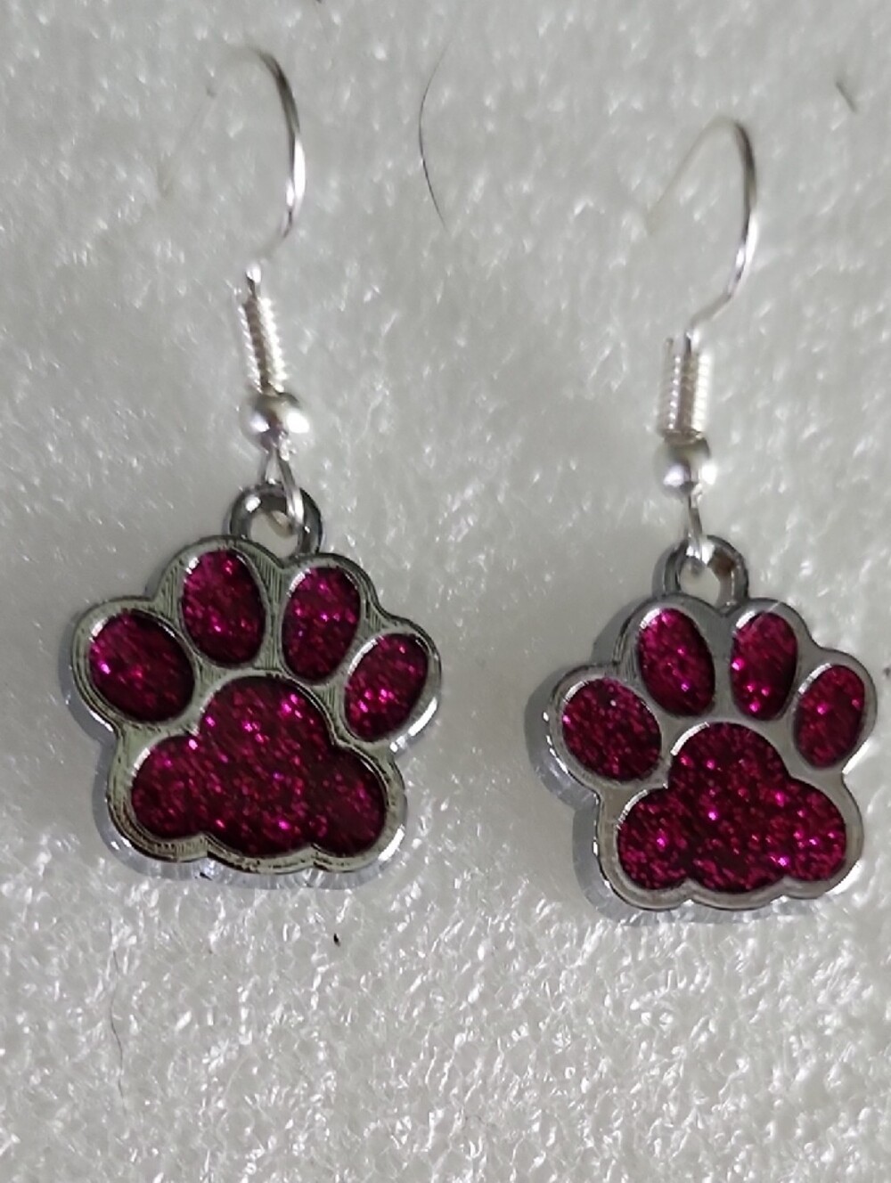 Hand Crafted Fuchsia Glitter Paw Print Drop Earrings